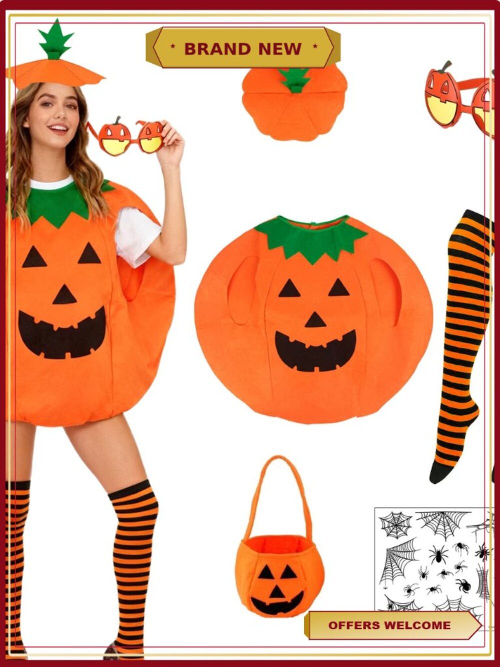 6-Piece Pumpkin Costume Set for Adults Halloween Cosplay Dress Funny